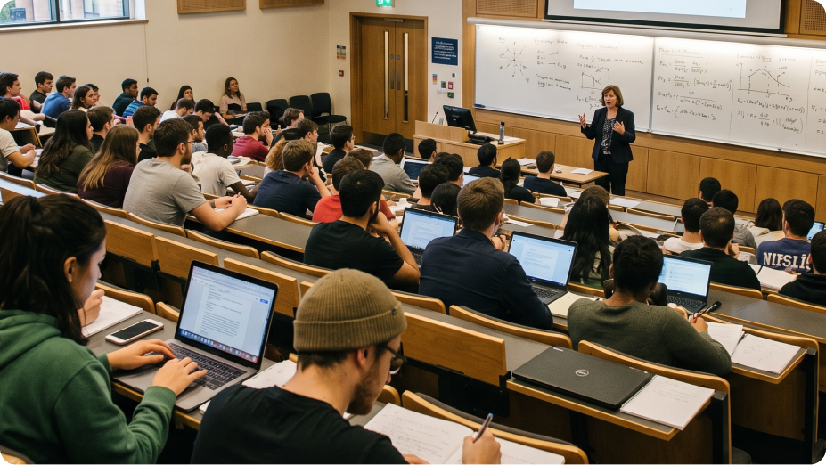 Students in a university lecture hall