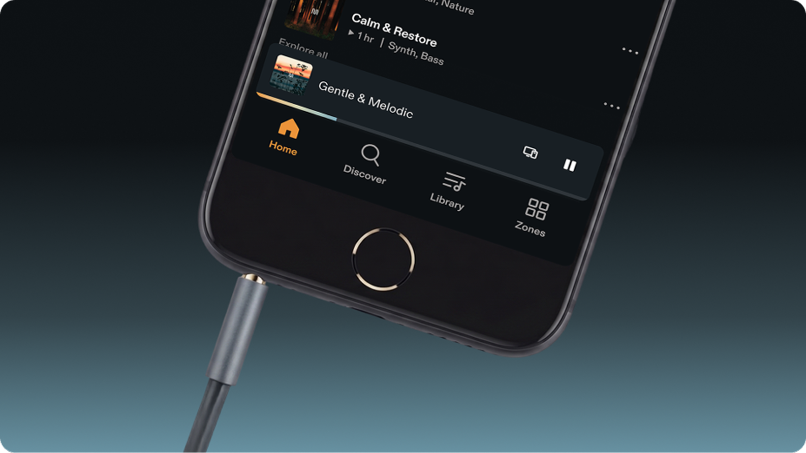 Phone playing Myndstream music through a wired connection